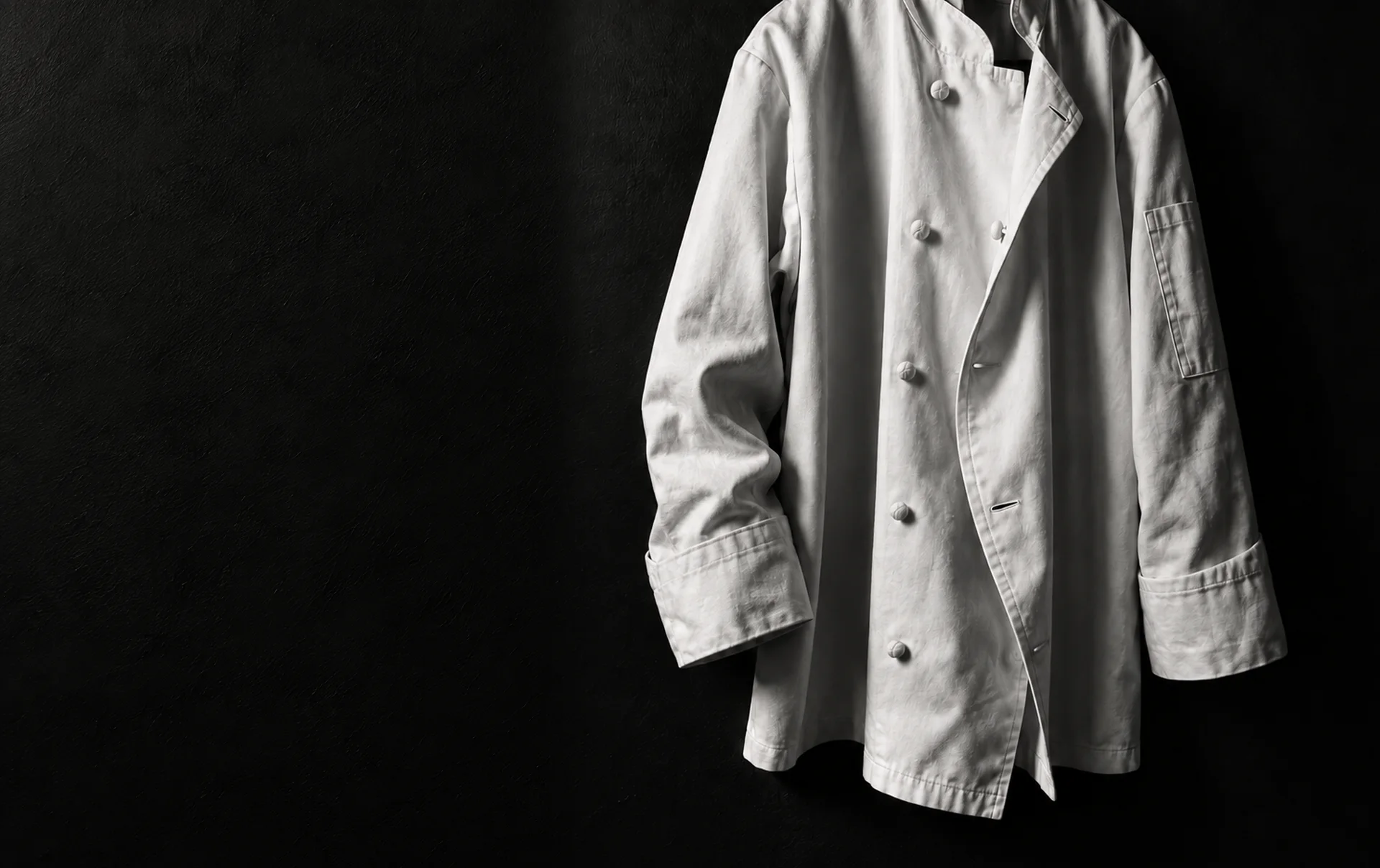 An empty white chef's jacket hanging alone against a black wall, still holding the shape of the man who wore it.