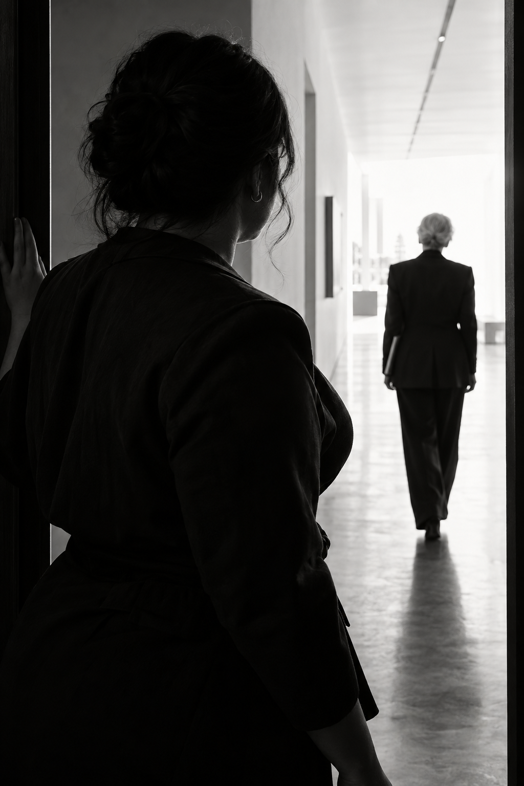 A young woman standing just inside a doorway, hand still on the frame, watching an older colleague walk away down a bright corridor