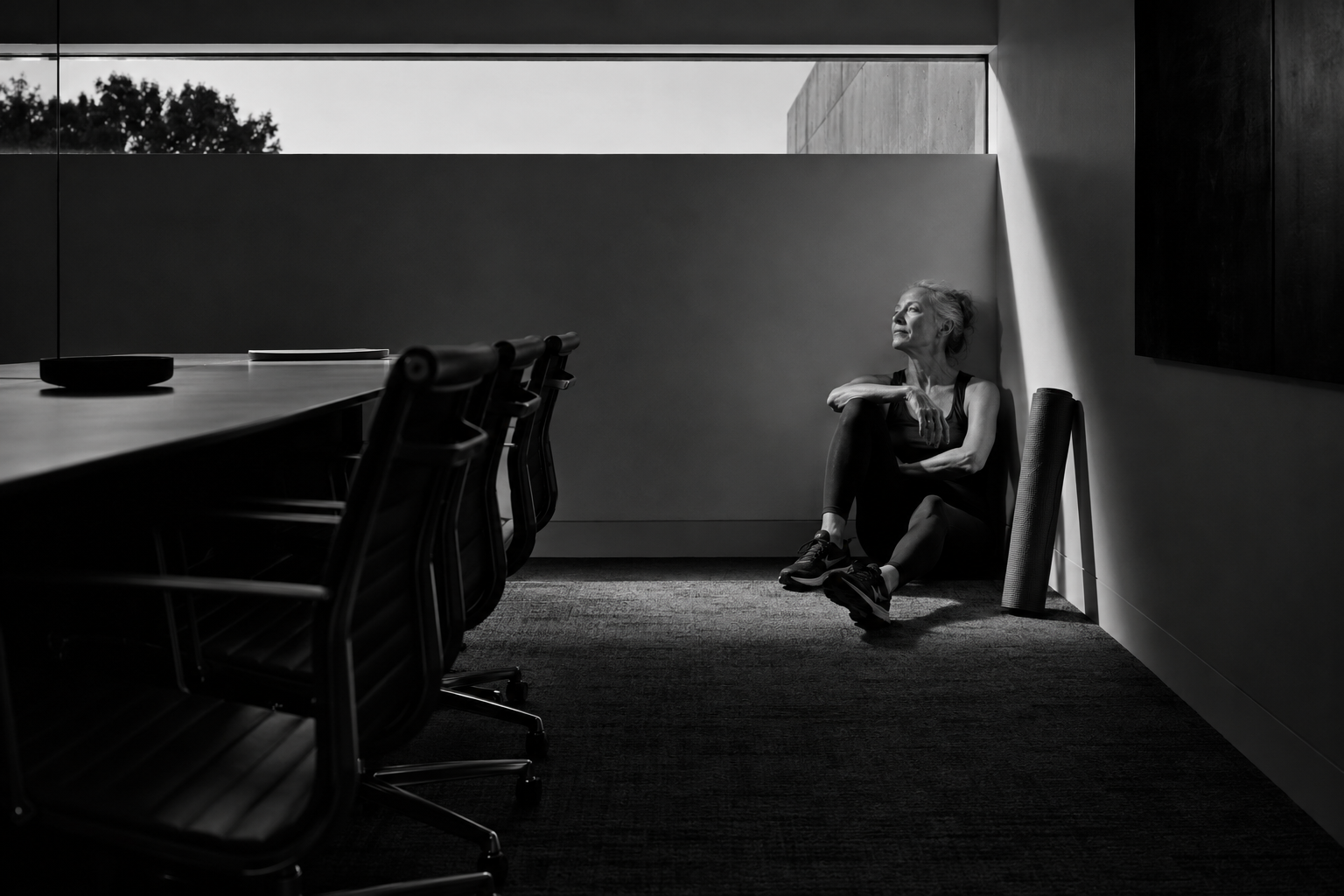 A woman in gym clothes sitting on the floor of a corporate meeting room, back against the wall, one rolled exercise mat beside her, the room's chairs still pushed into the table